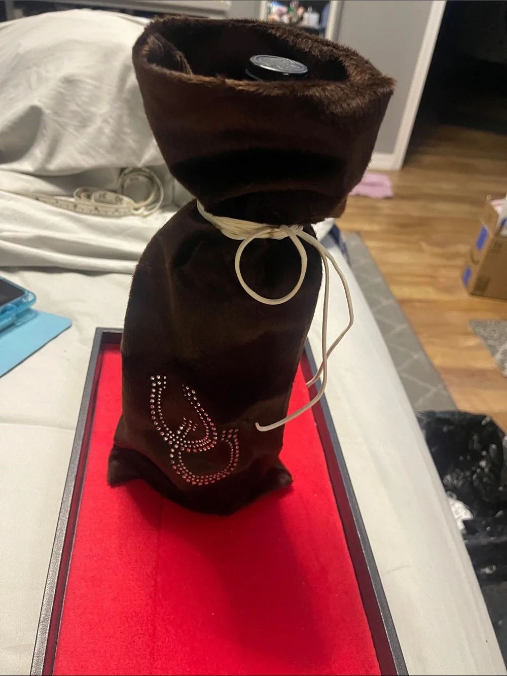 Brown Velvet Wine/Alcohol  Bottle Gift Bag with Rhinestone Horseshoes - New